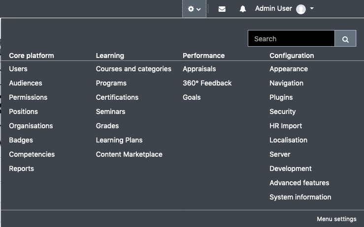 Site Admin admin menu access