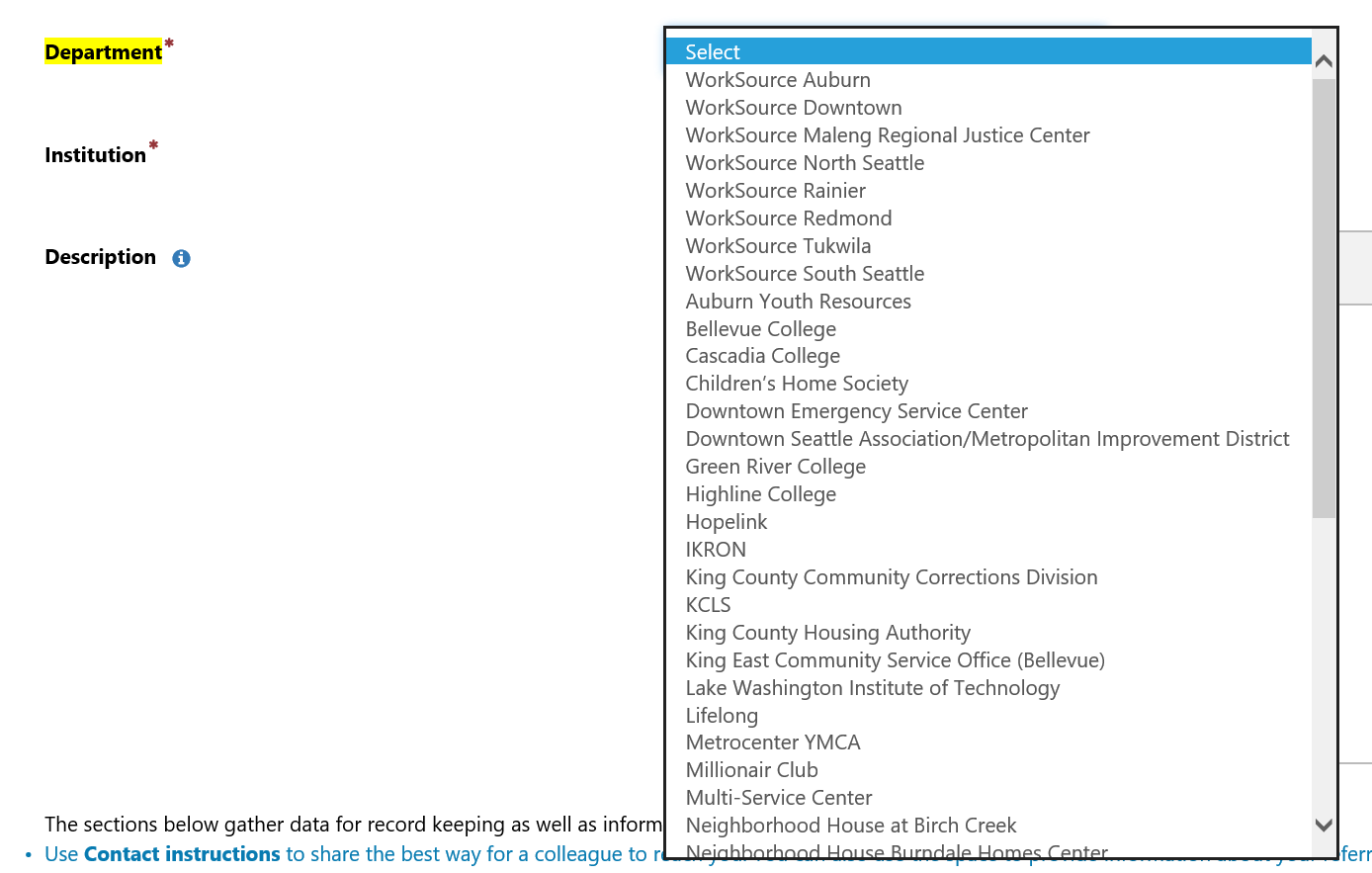 Dropdown list of Department and Institution